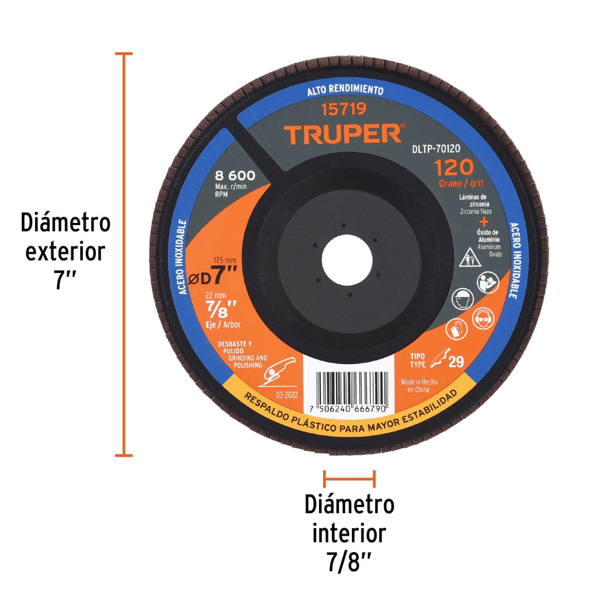 Disco 7' laminado respaldo plástico grano 120 centro 7/8' Caja con 5, 15719