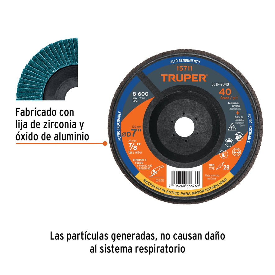 Disco 7' laminado respaldo plástico grano 40 centro 7/8' Caja con 5, 15711