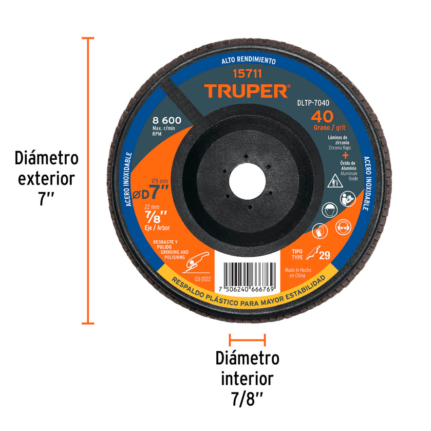 Disco 7' laminado respaldo plástico grano 40 centro 7/8' Caja con 5, 15711