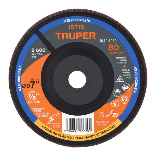 Disco 7' laminado respaldo plástico grano 80 centro 7/8' Caja con 5, 15715