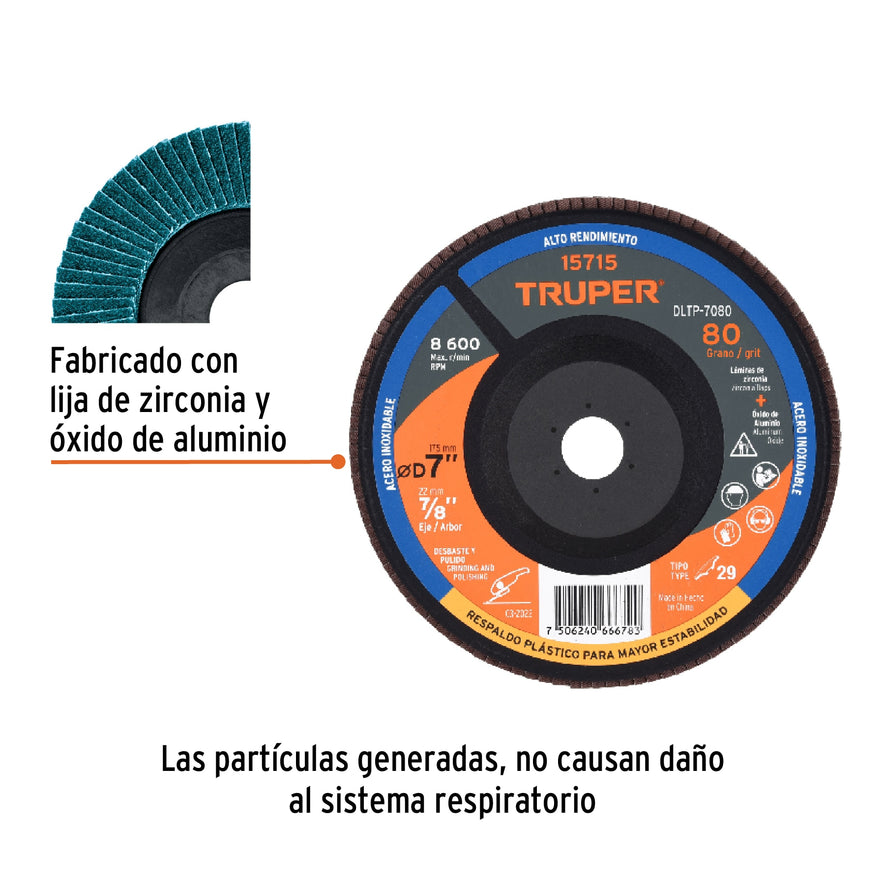 Disco 7' laminado respaldo plástico grano 80 centro 7/8' Caja con 5, 15715