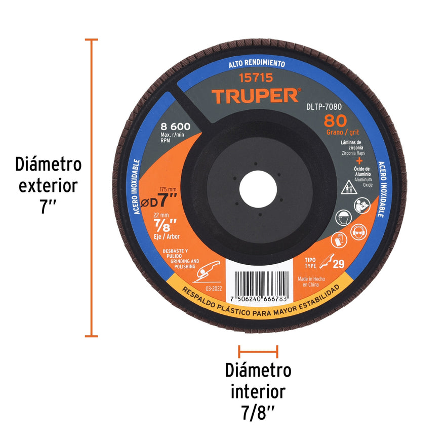 Disco 7' laminado respaldo plástico grano 80 centro 7/8' Caja con 5, 15715