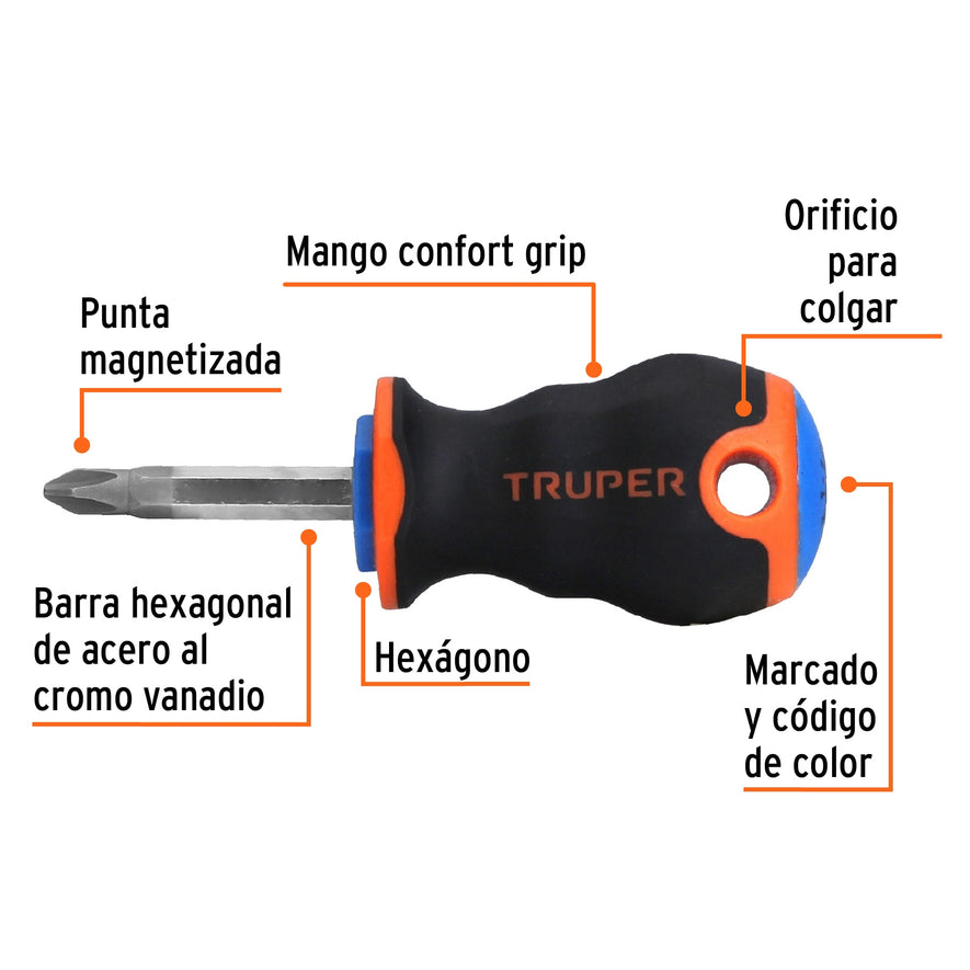 Desarmador de cruz 1/4' x 1-1/2' mango Comfort Grip, Truper Caja con 6, 14073