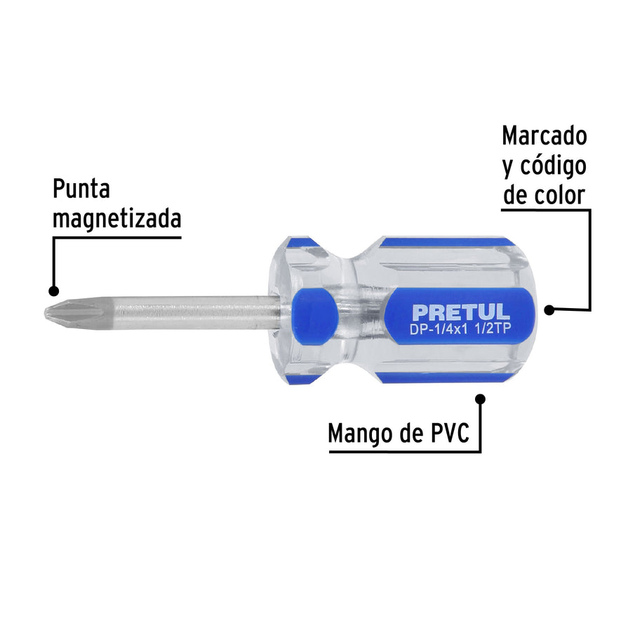 Desarmador de cruz 1/4 x 1-1/2' mango de PVC, Pretul Caja con 6, 21476