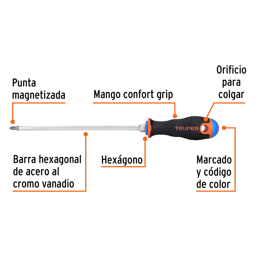 Desarmador de cruz 1/4' x 8' mango Comfort Grip, Truper Caja con 6, 14082