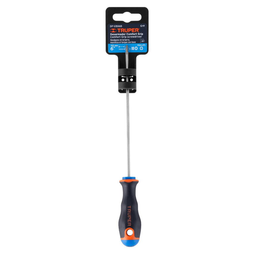 Desarmador de cruz 1/8' x 6' mango Comfort Grip, Truper Caja con 6, 14058