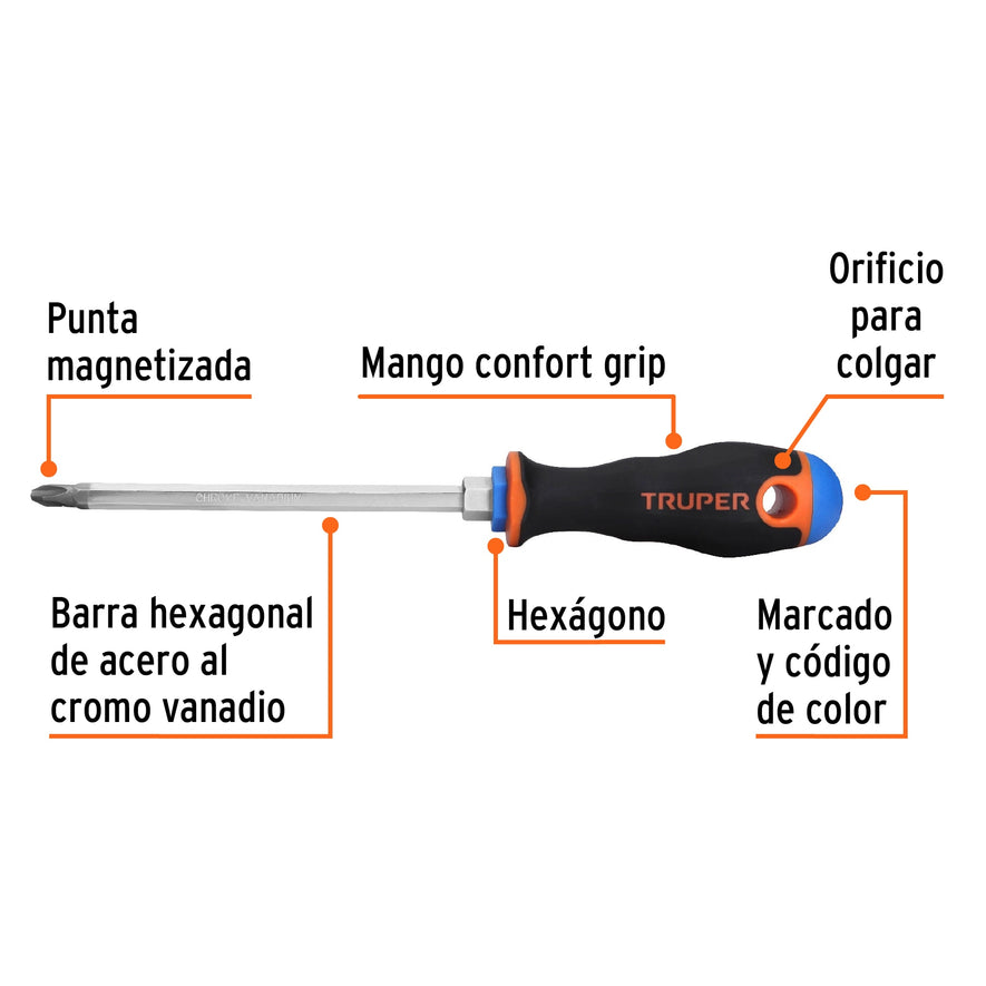 Desarmador de cruz 5/16' x 6' mango Comfort Grip, Truper Caja con 6, 18548