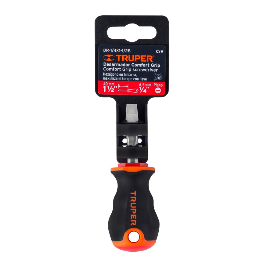 Desarmador plano 1/4' x 1-1/2' mango Comfort Grip, Truper Caja con 6, 14003