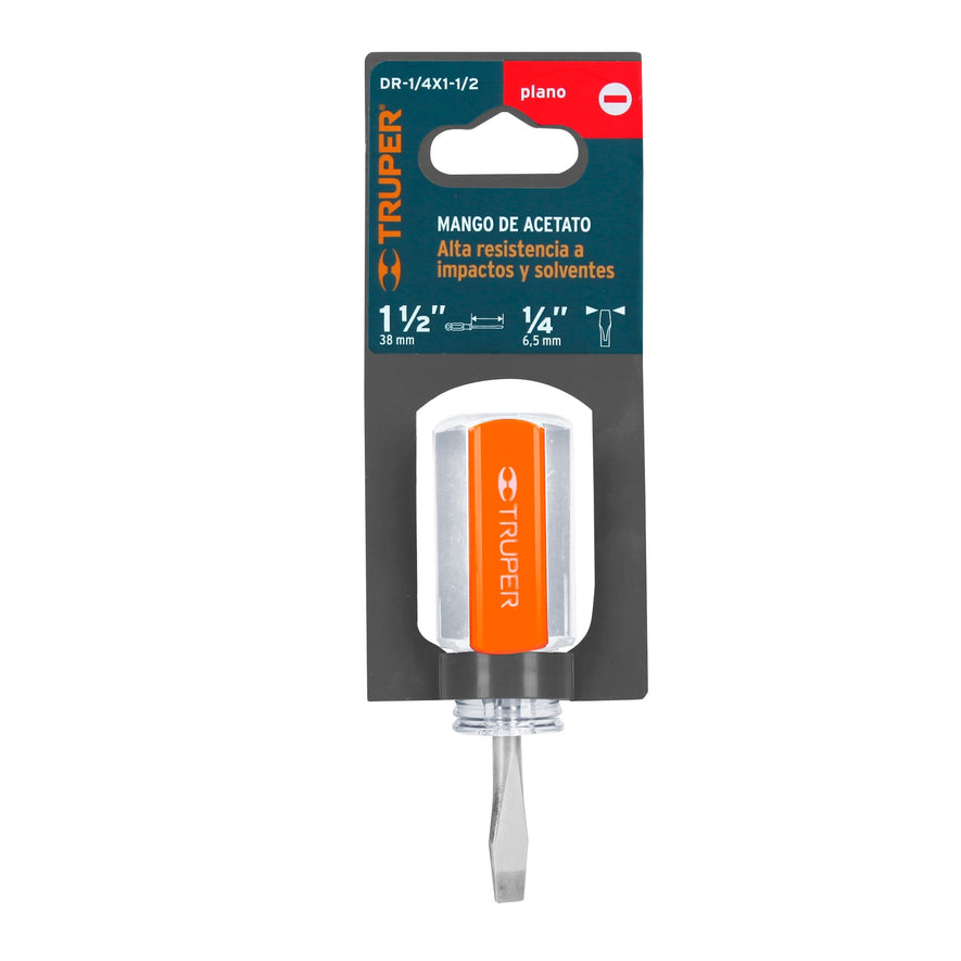 Desarmador plano 1/4' x 1-1/2' mango de acetato, Truper Caja con 6, 13993