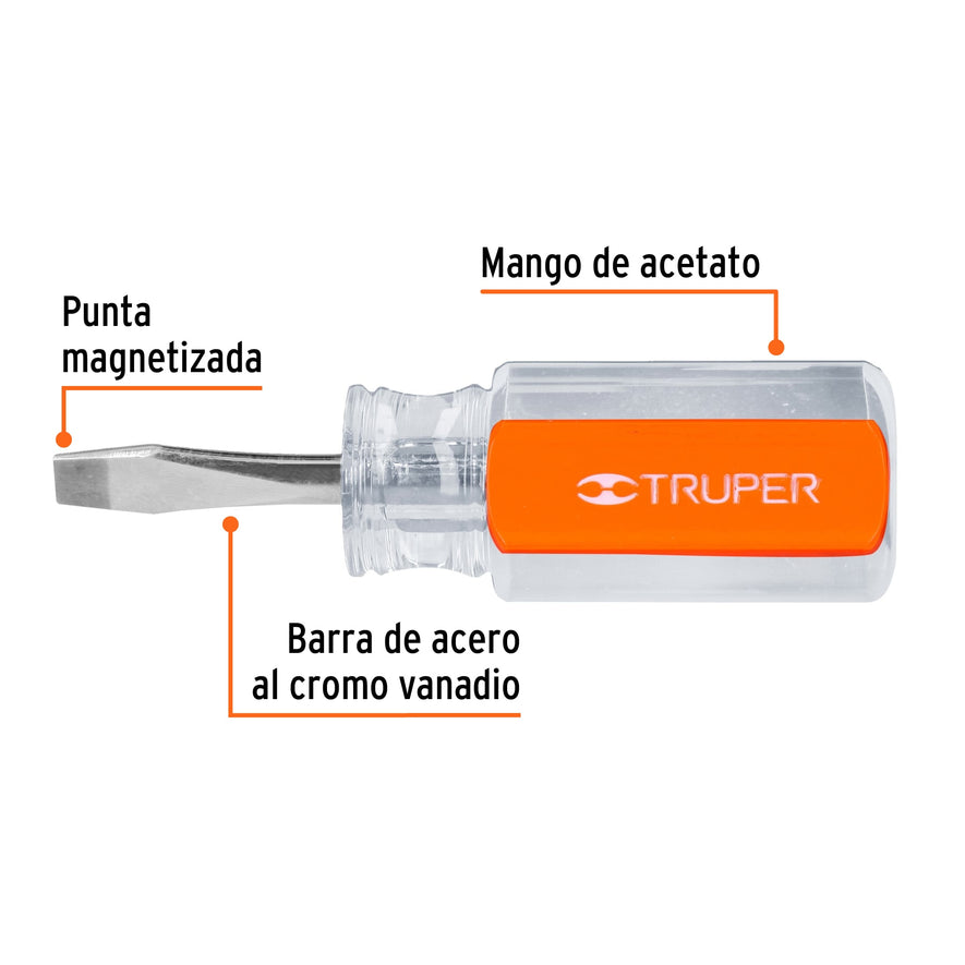 Desarmador plano 1/4' x 1-1/2' mango de acetato, Truper Caja con 6, 13993