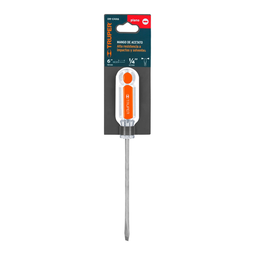 Desarmador plano 1/4' x 6' mango de acetato, Truper Caja con 6, 13999