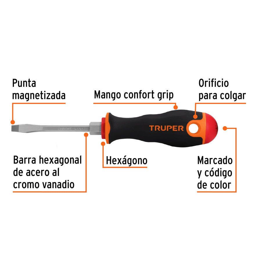 Desarmador plano 3/16' x 3' mango Comfort Grip, Truper Caja con 6, 100831