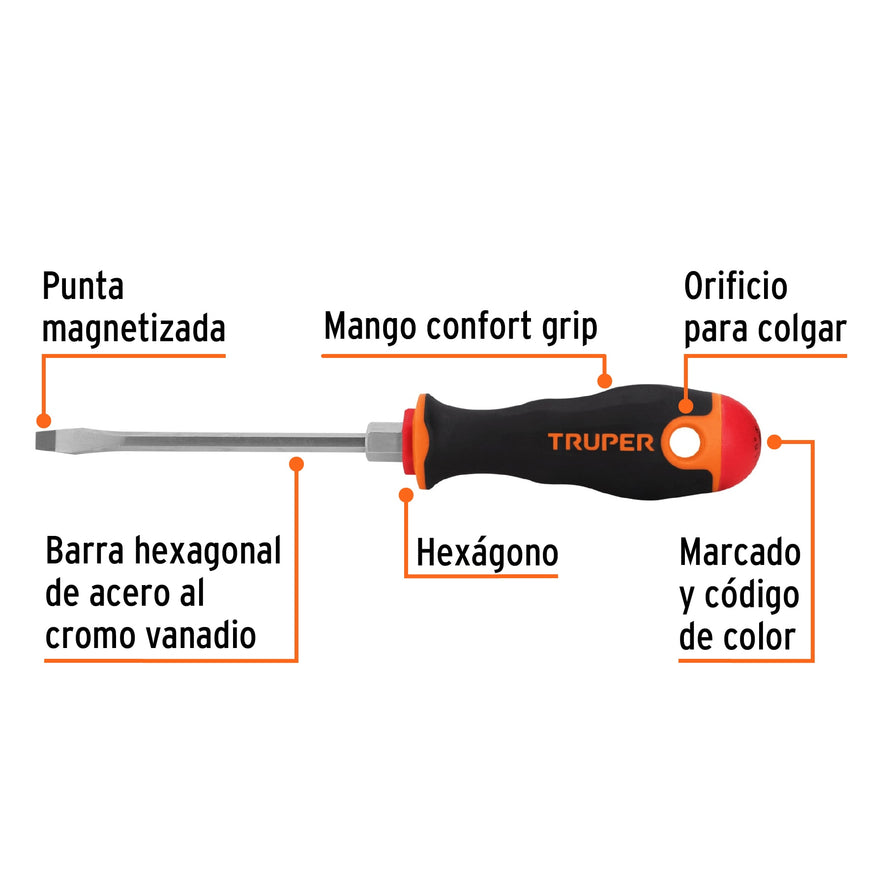Desarmador plano 3/16' x 4' mango Comfort Grip, Truper Caja con 6, 13992