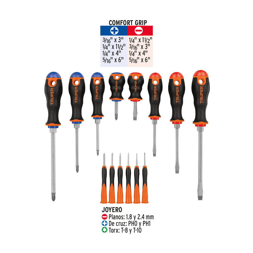 Juego de 8 desarmadores mango Comfort Grip y 6 de joyero Caja con 5, 14197