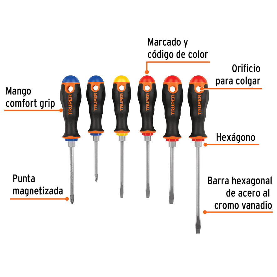 Juego de 6 desarmadores mango Comfort Grip, Truper Caja con 6, 19621