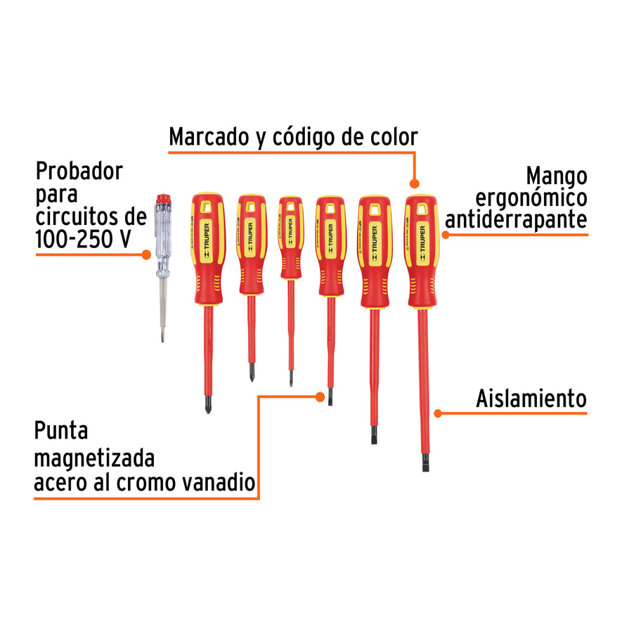 Juego 6 desarmadores dieléctricos y 1 probador de corriente, 14196