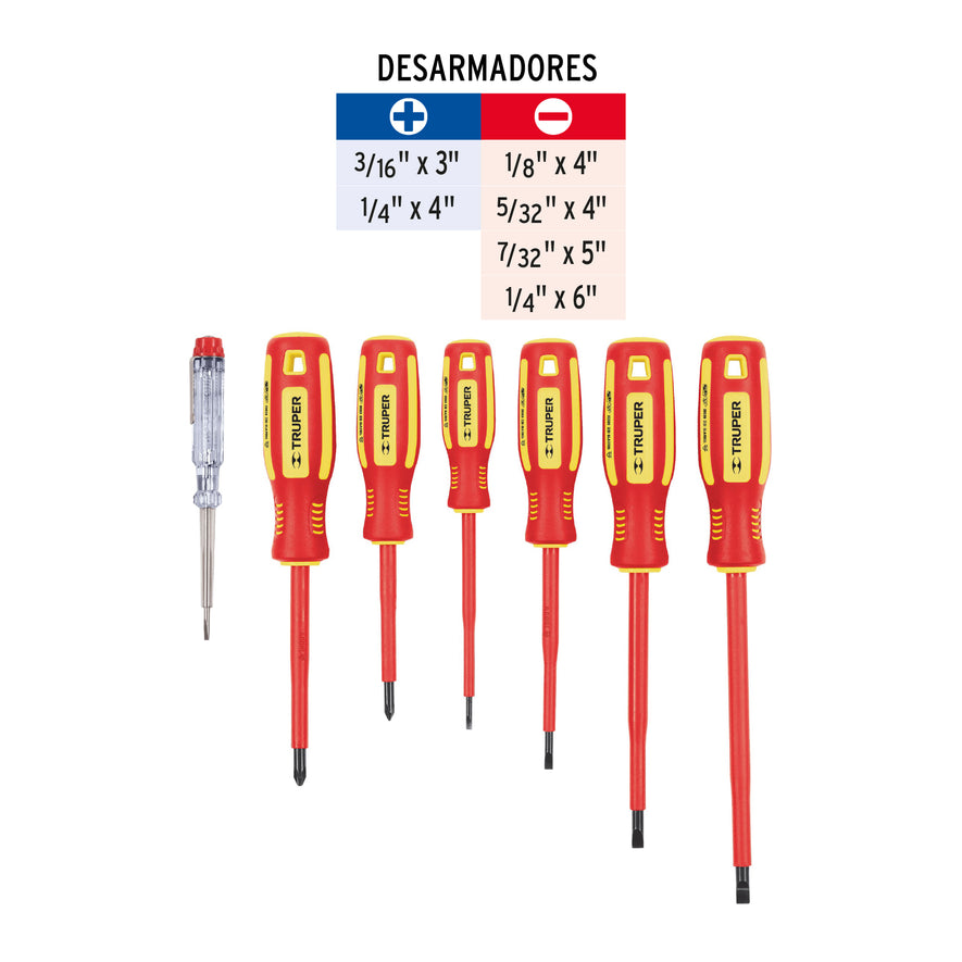 Juego 6 desarmadores dieléctricos y 1 probador de corriente, 14196