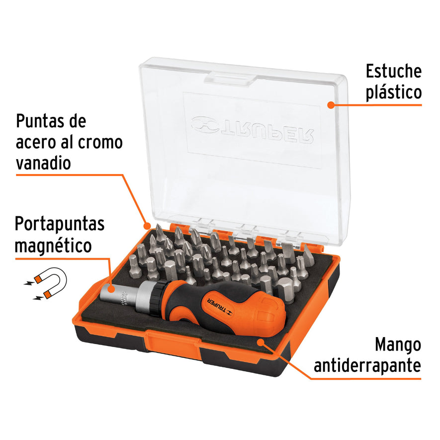 Desarmador tipo trompo con matraca y 36 puntas, Truper Caja con 6, 17845