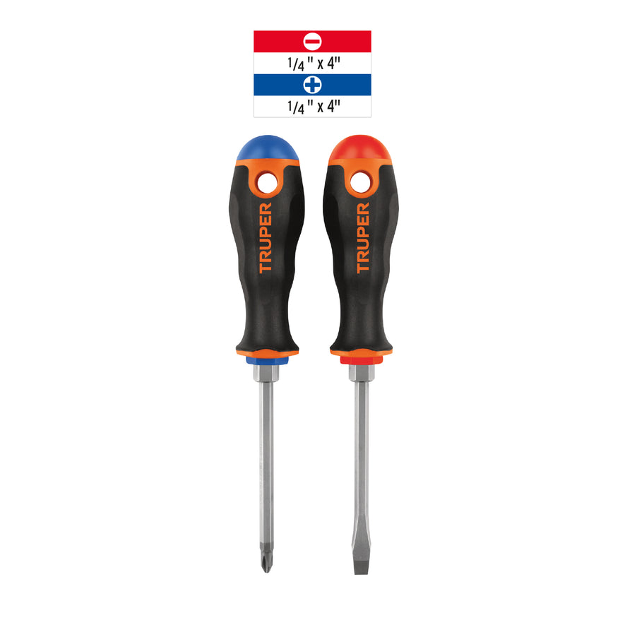 Dúo de desarmadores 1/4' x 4' mango Comfort Grip, Truper Caja con 6, 19622