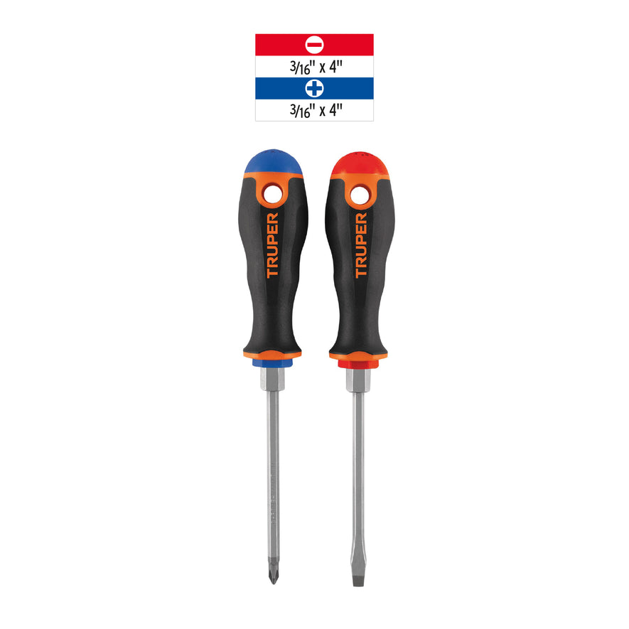 Dúo de desarmadores 3/16' x 4' mango Comfort Grip, Truper Caja con 6, 19623