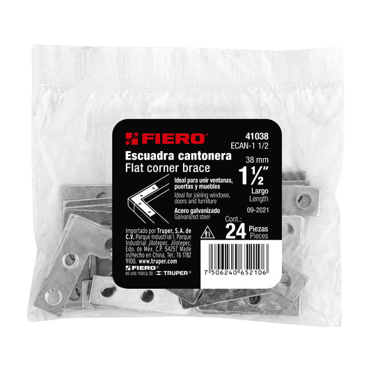 Bolsa c/24 escuadras planas cantoneras 1-1/2'x1-1/2', Fiero Caja con 6, 41038