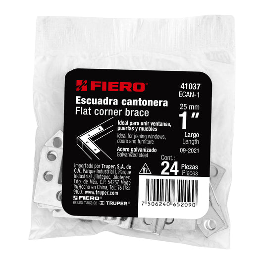 Bolsa c/24 escuadras planas cantoneras 1' x 1', Fiero Caja con 6, 41037