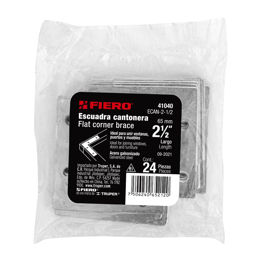 Bolsa c/24 escuadras planas cantoneras 2-1/2'x2-1/2', Fiero Caja con 6, 41040