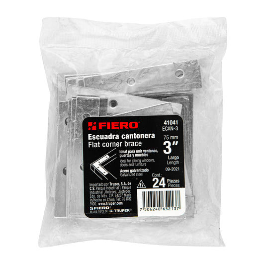 Bolsa c/24 escuadras planas cantoneras 3' x 3', Fiero Caja con 6, 41041