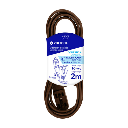 Extensión eléctrica doméstica 2 m clavija plana, café Caja con 6, 48001
