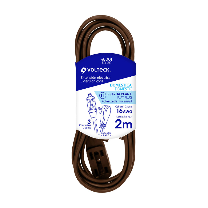 Extensión eléctrica doméstica 2 m clavija plana, café Caja con 6, 48001