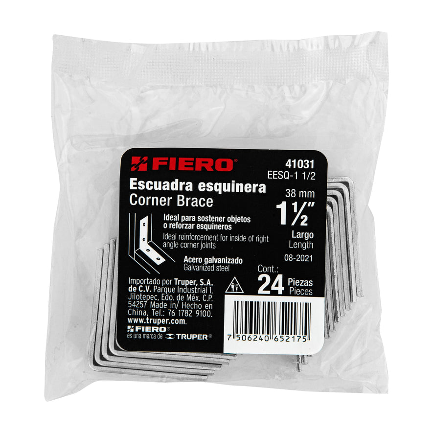 Bolsa con 24 escuadras esquineras 1-1/2' x 1-1/2', Fiero Caja con 6, 41031