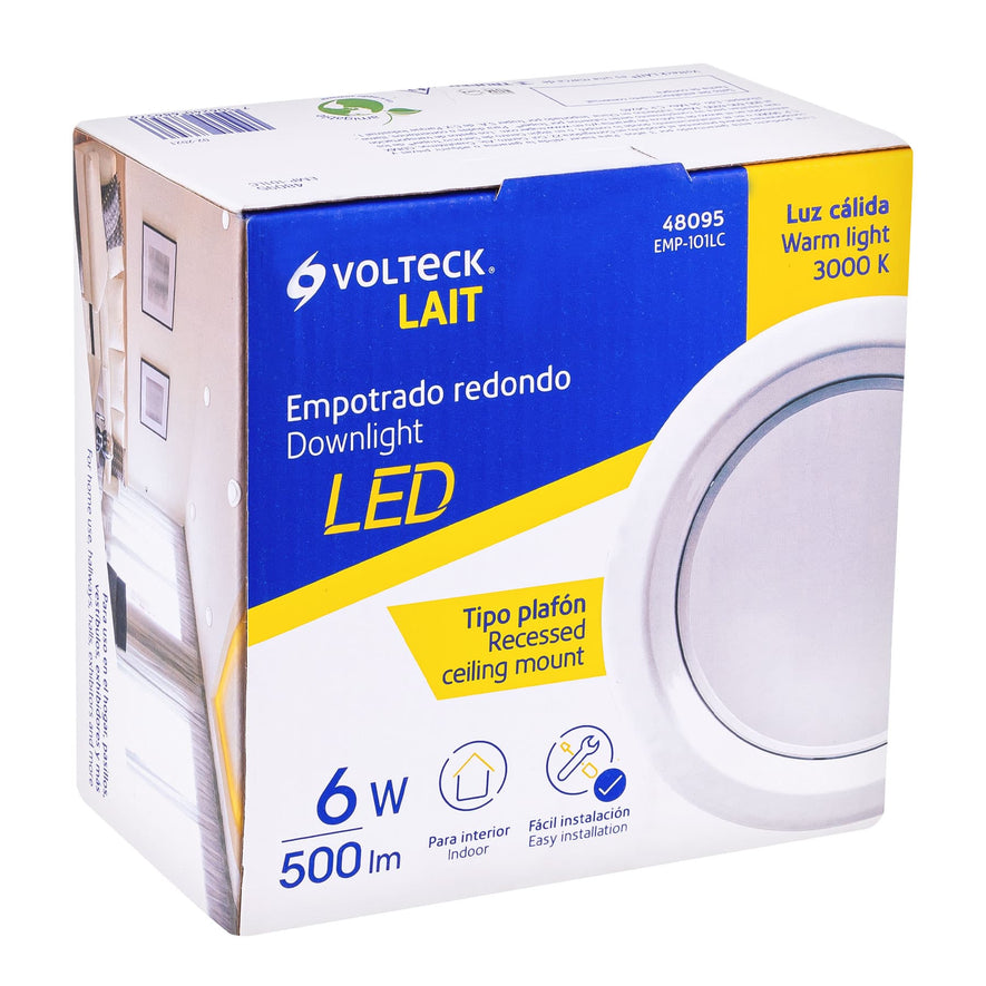 Luminario LED empotrado redondo de 6 W, luz cálida, Volteck Caja con 2, 48095
