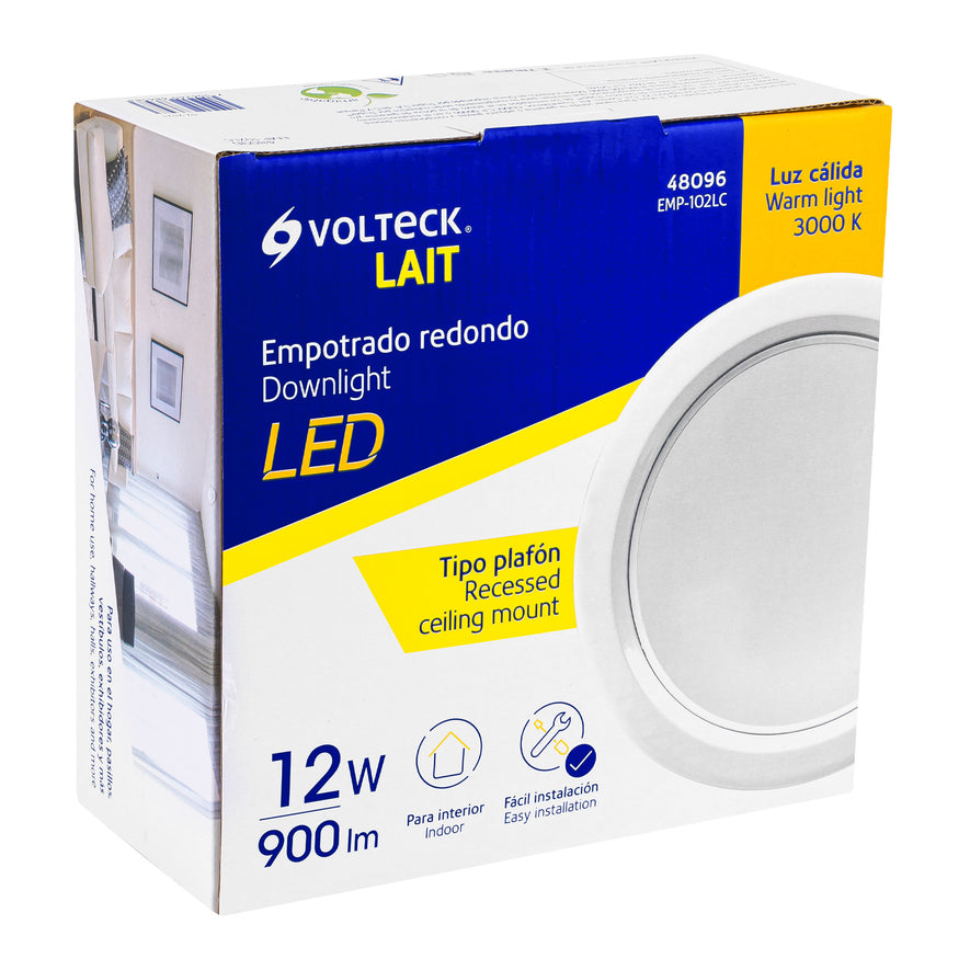 Luminario LED empotrado redondo de 12 W, luz cálida, Volteck Caja con 2, 48096