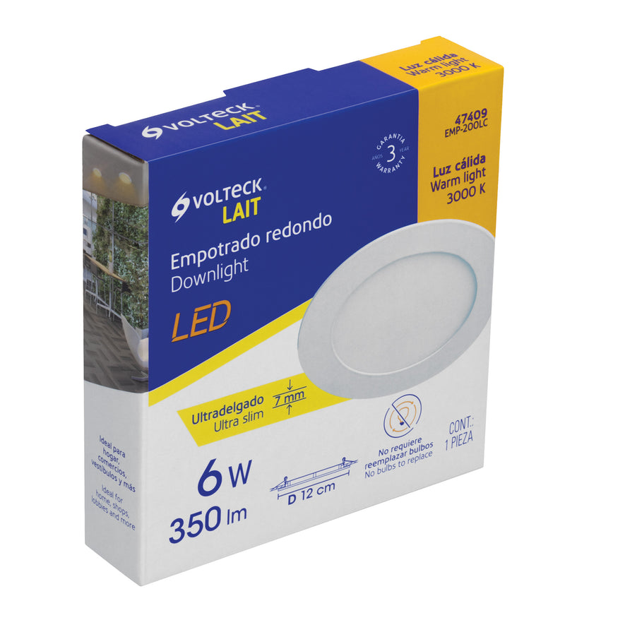 Luminario ultra delgado LED 6 W empotrar redondo luz cálida Caja con 4, 47409