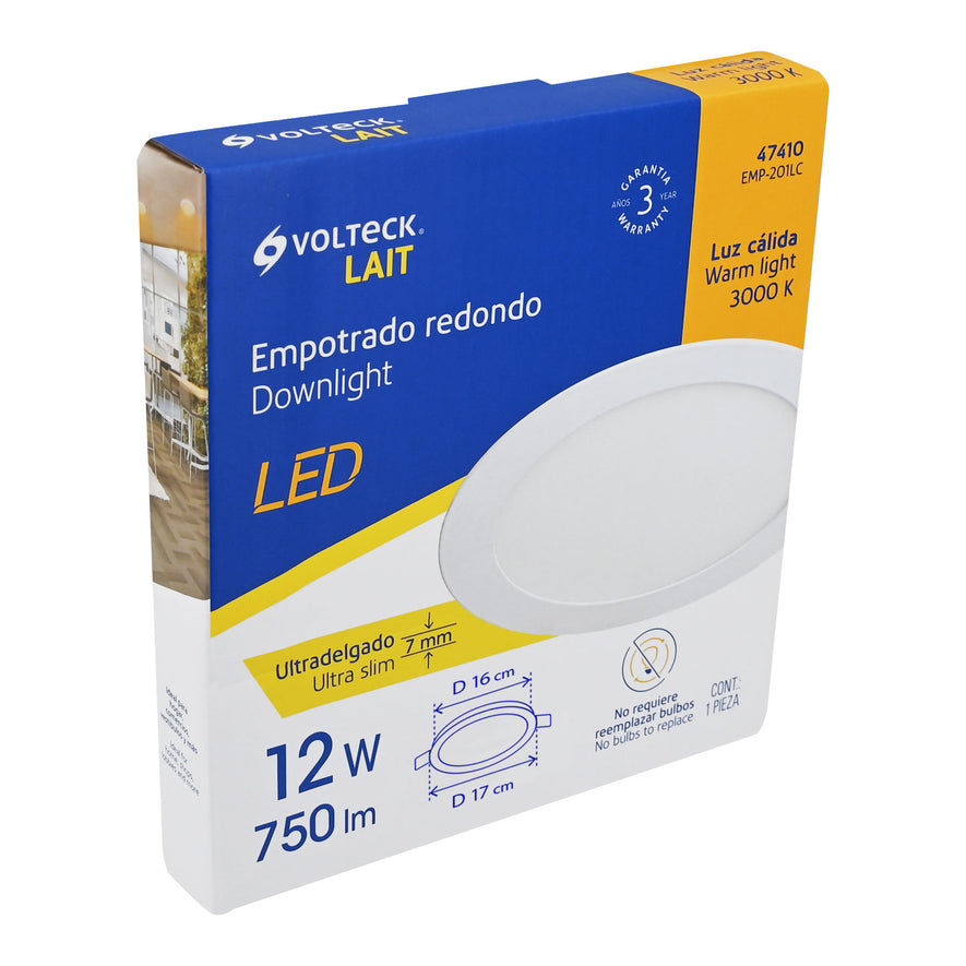 Luminario ultra delgado LED 12 W empotrar redondo luz cálida Caja con 4, 47410