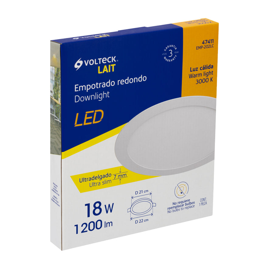 Luminario ultra delgado LED 18 W empotrar redondo luz cálida Caja con 2, 47411