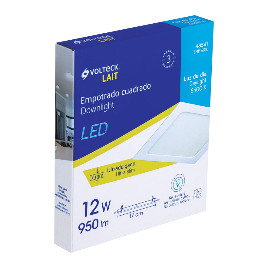 Luminario ultradelgado cuadrado p/empotrar 12W, luz de día Caja con 4, 48541
