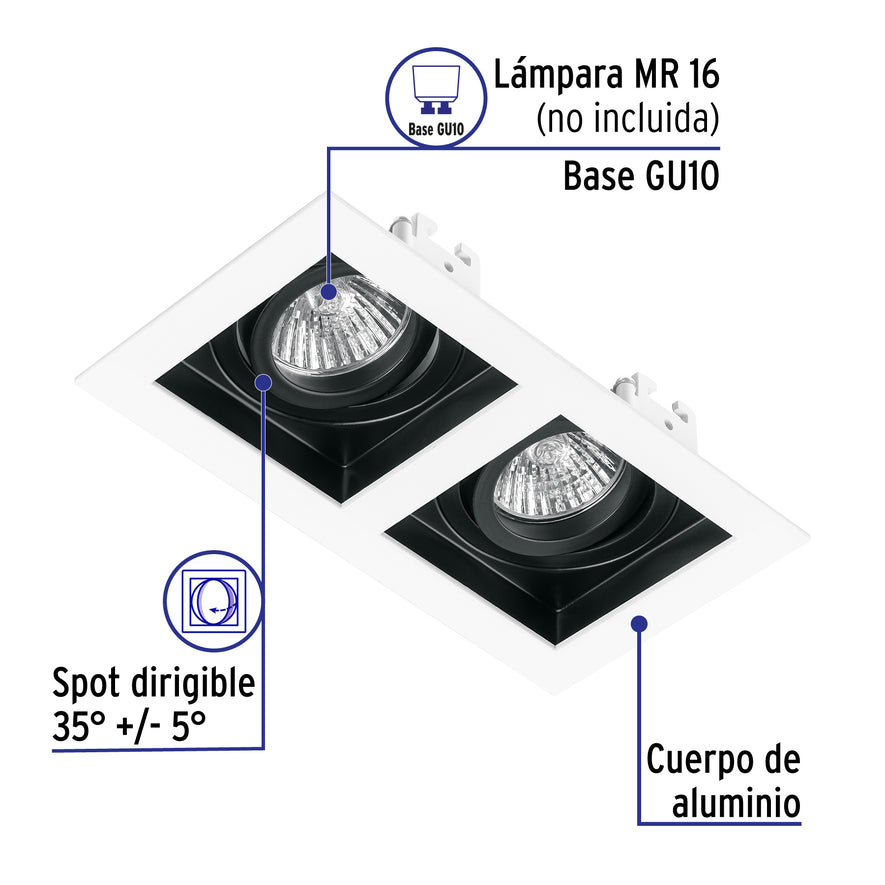 Luminario empotrable con 2 spots dirigibles, blanco, VOLTECK, 49549