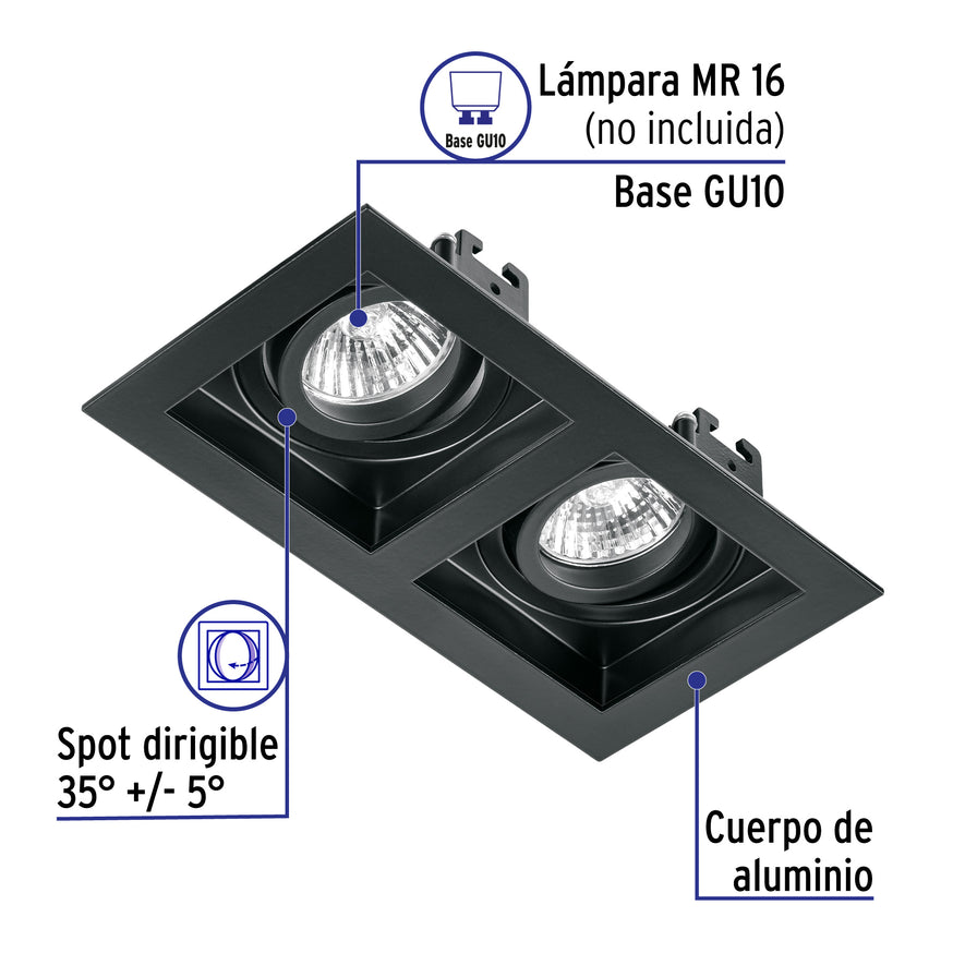 Luminario empotrable con 2 spots dirigibles, negro, VOLTECK, 49713