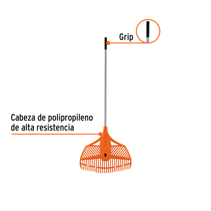 Escoba plástica p/jardín, flex. 26 dientes, mango acero 54' Caja con 6, 19881
