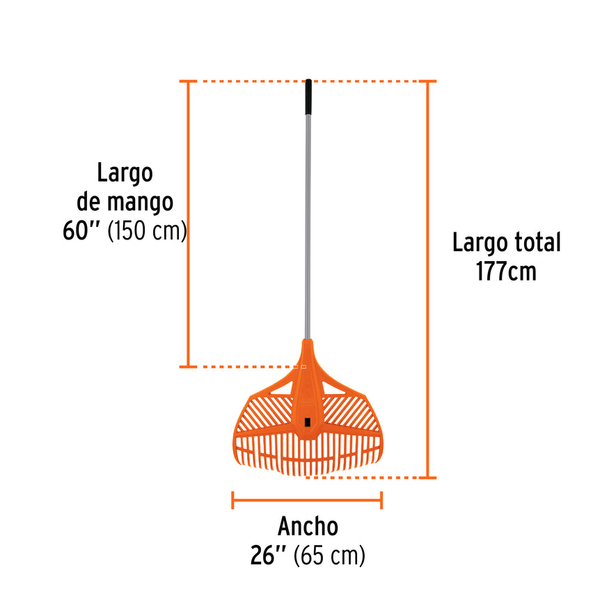 Escoba plástica p/jardín, flex. 26 dientes, mango acero 54' Caja con 6, 19881