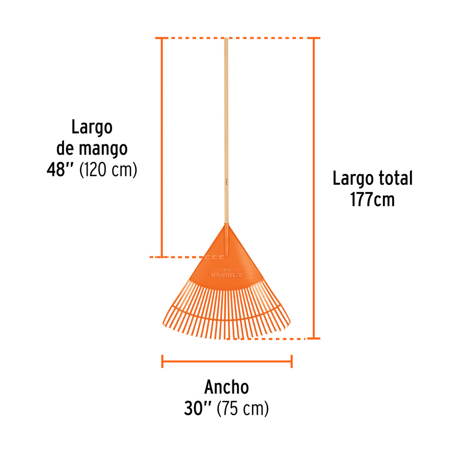 Escoba plástica para jardín, flexible, 30 dientes, mango 48' Caja con 6, 19065