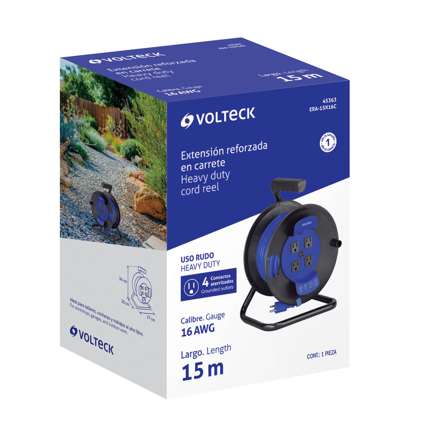 Extensión reforzada 3x16 AWG, 15 metros en carrete, VOLTECK, 45363