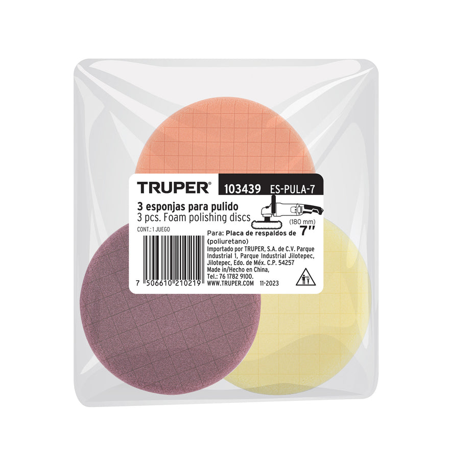 Juego de 3 esponjas p/pulir de 7' hook and loop,TRUPER, 103439