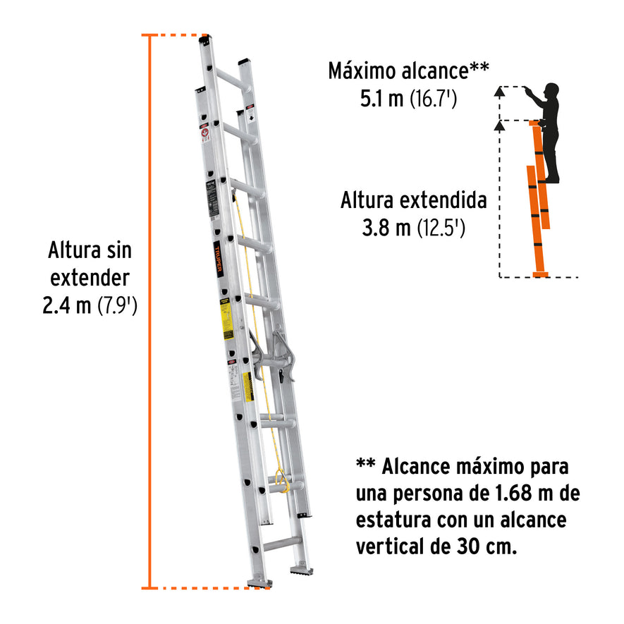 Escalera de extensión, tipo III, 16 peldaños, Truper, 16026