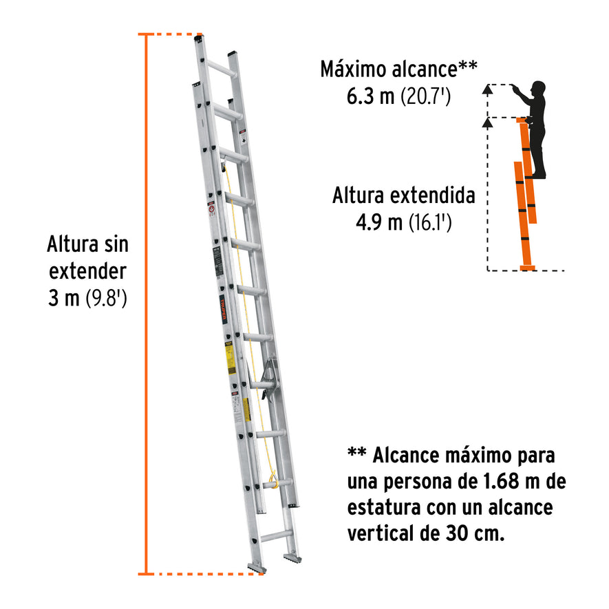 Escalera de extensión, tipo III, 20 peldaños, Truper, 16027