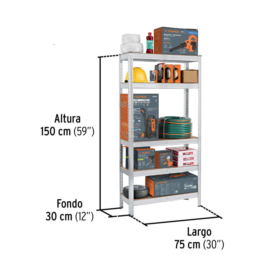 Estante metálico 5 repisas MDF cap. 35 Kg,150x30x75, PRETUL, 29021