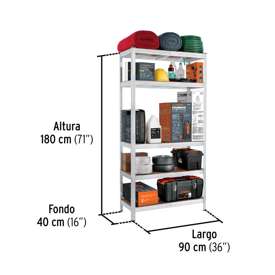 Estante metálico 5 repisas MDF cap. 35 Kg,180x40x90, PRETUL, 29022