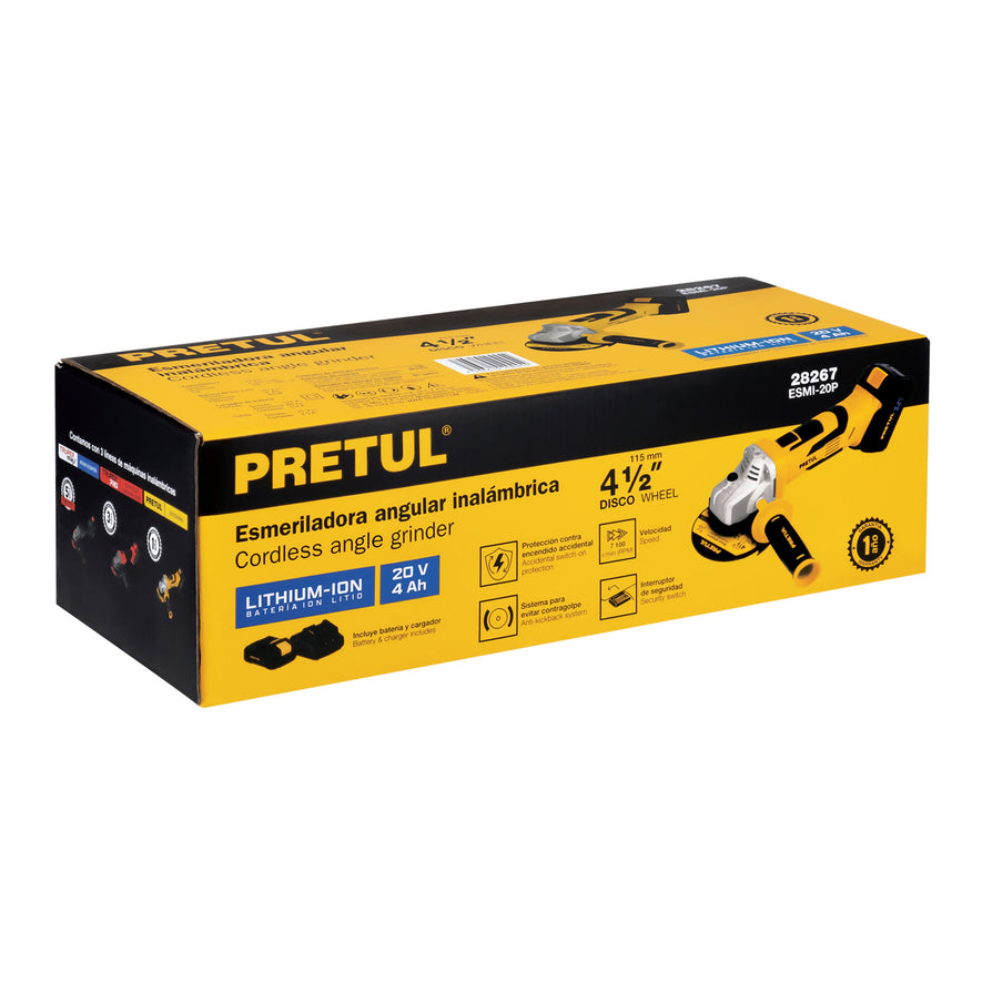 Esmeriladora angular inalámbrica 4-1/2', 20V, PRETUL, 28267