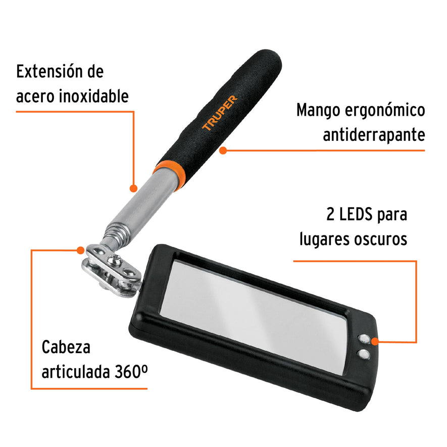 Espejo telescópico con luz LED, 5 x 8 cm, Truper Caja con 4, 101962